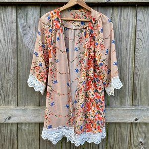 Lace Trim Floral Kimono Small